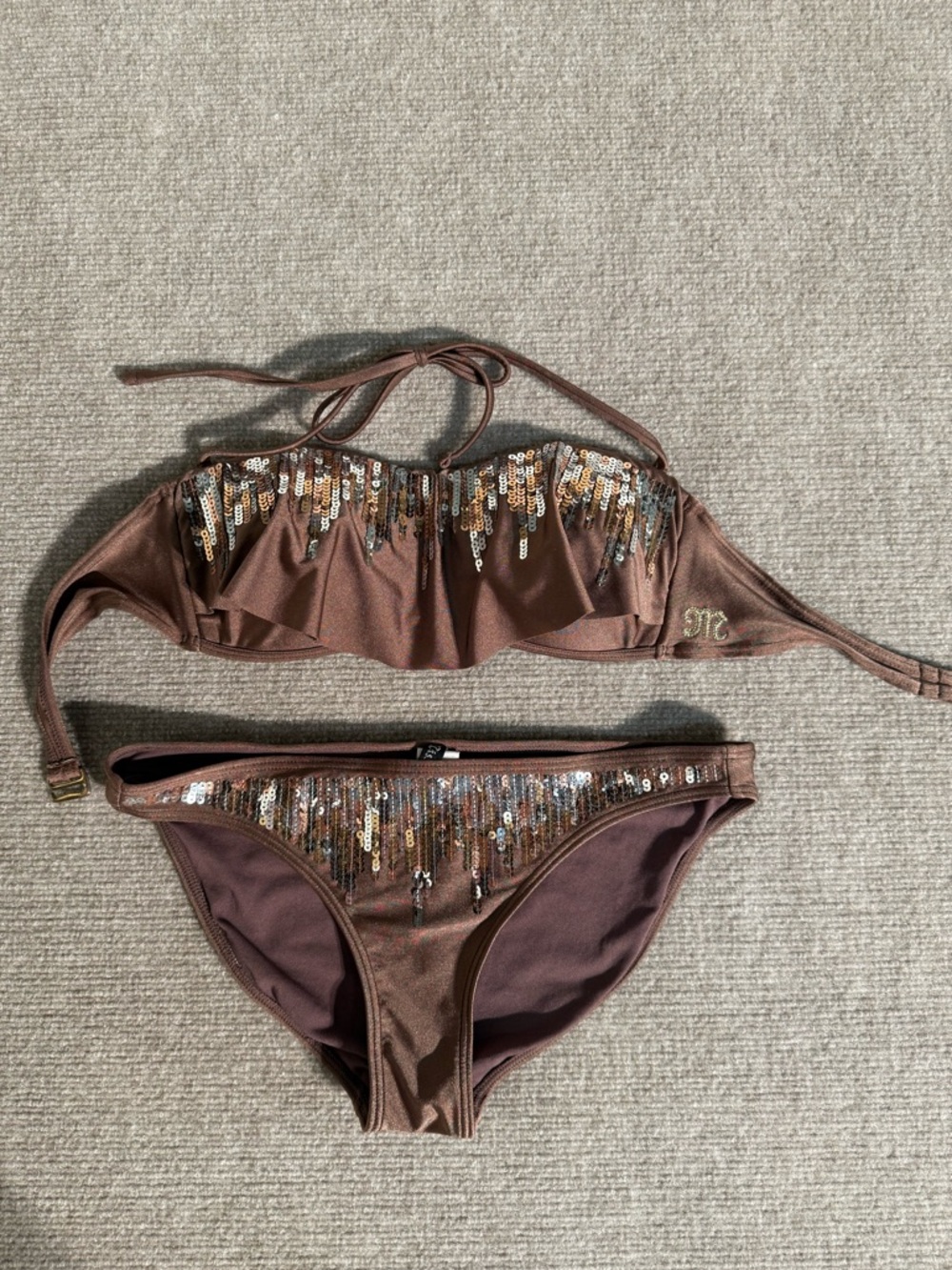 Miss Me Brown Bronze Sequined Bandeau Bikini Set Y2K Glam Swimwear – Small - Picture 2 of 10